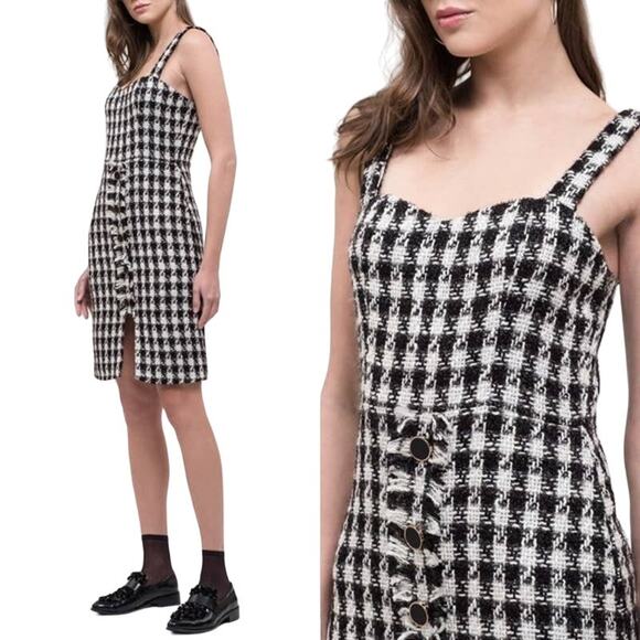 NWT J.O.A. Tweed Fringe Houndstooth Print Sleeveless Sheath Dress Split Hem XS - Picture 2 of 15